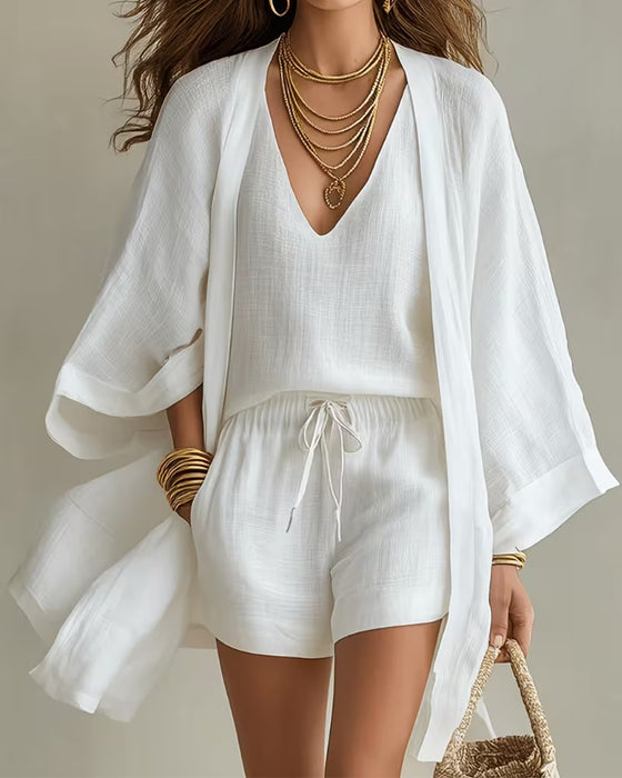 Tredelt Sett V-Utringning Tanktopp Cardigan Shorts