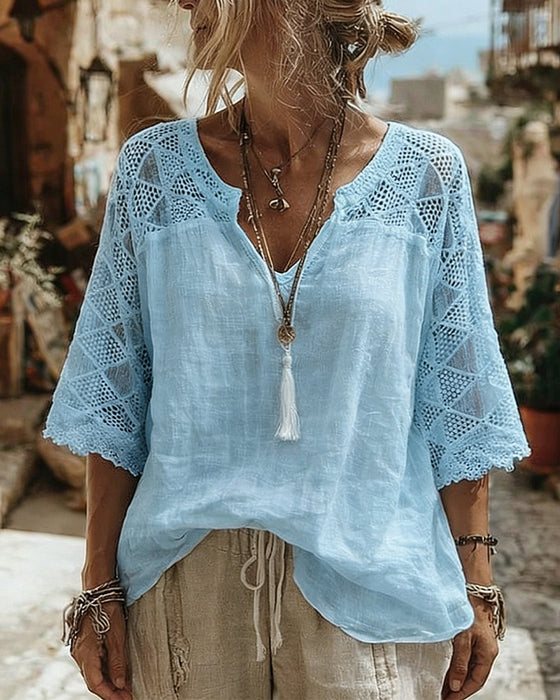 Bluse Ensfarget Panel V-Hals