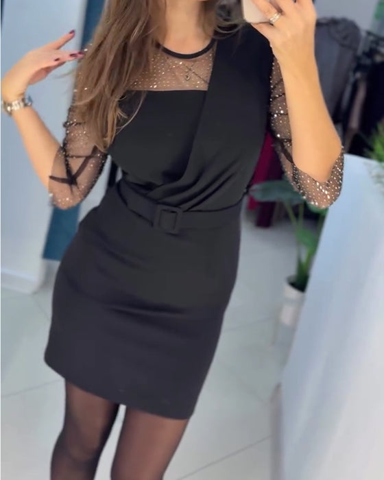 Kjole Mesh Hette Rhinestone Slim Fit Hoftehugget