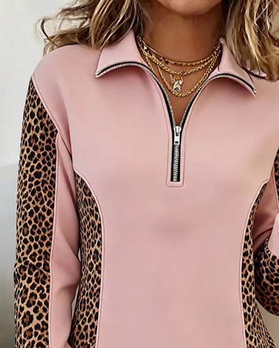 Sweatshirt Leopardmønster Halv-Zip Jakkeslag