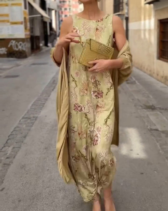 Sett Ermeløs Maxi Kjole + Matchende Cardigan