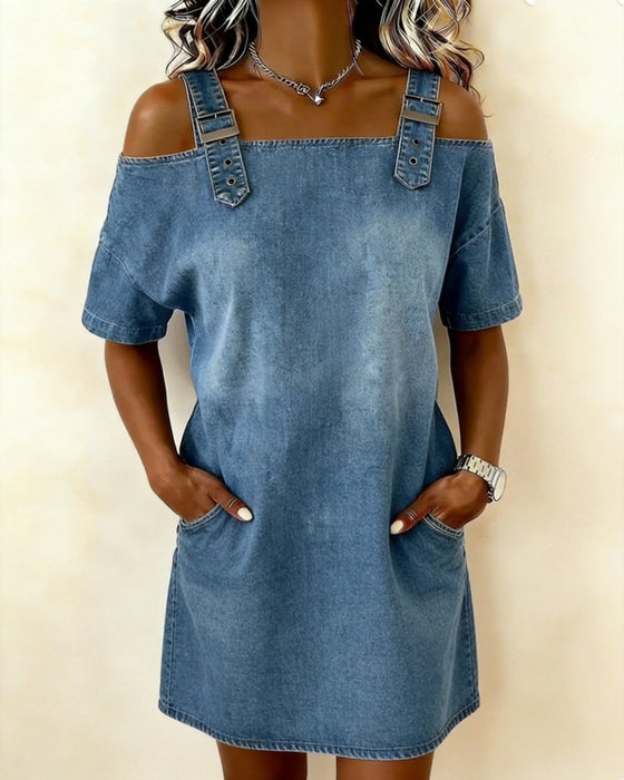Kjole Skulderfri Knappet Denim