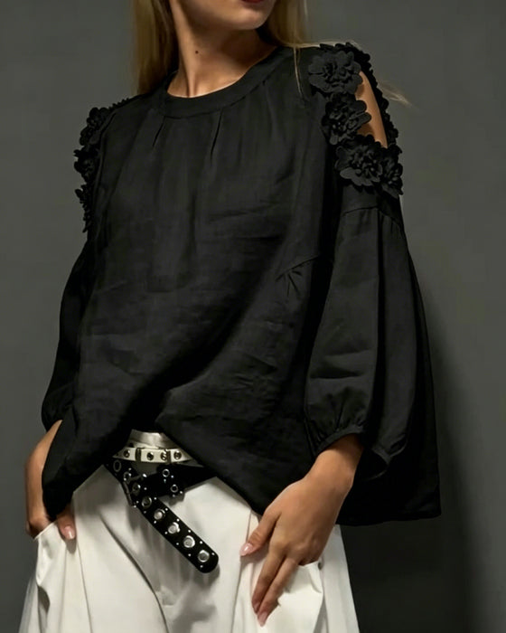 Bluser Rundhals Utskjæring Off-Shoulder 3D Blomstret