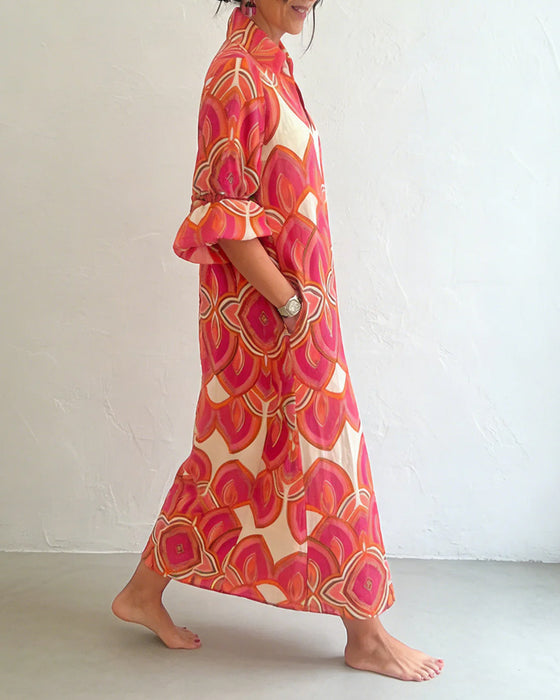 Kjole Elegant V-Hals Langermet Blomstret