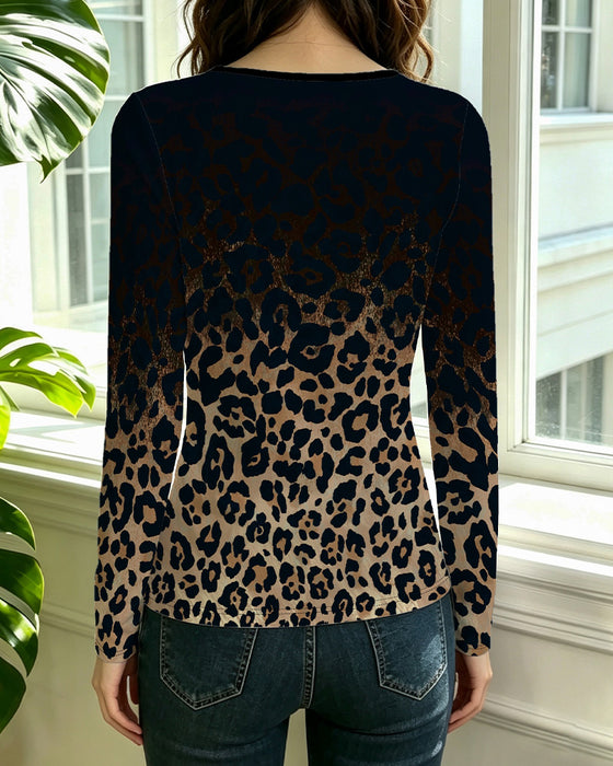 Topp Hul Rund Hals Gradient Leopardmønster