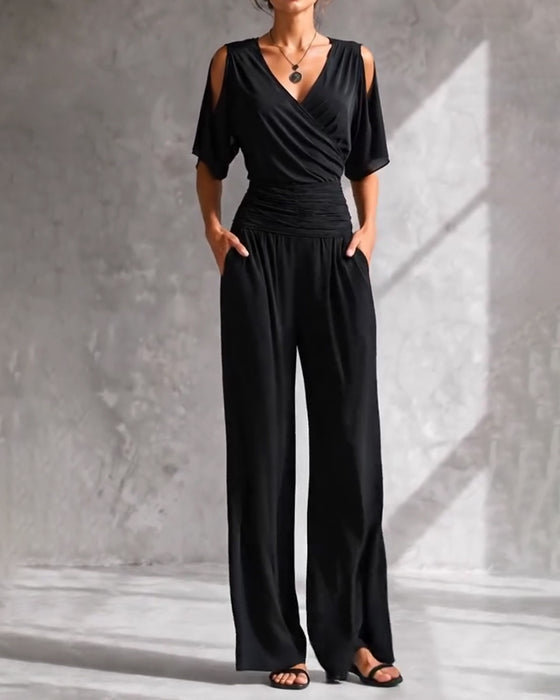 Jumpsuit V-Hals Crossover Kald Skulder Midje Lomme
