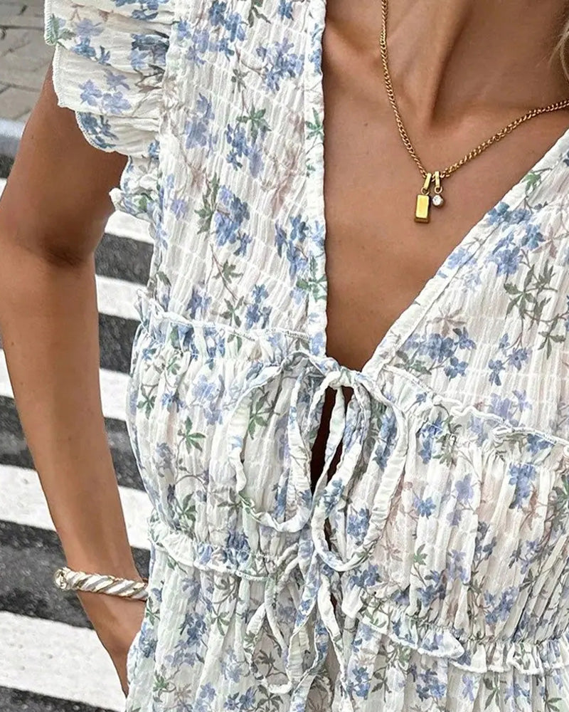 Bluse Blomstret Flutter Erme V-Hals Knyting