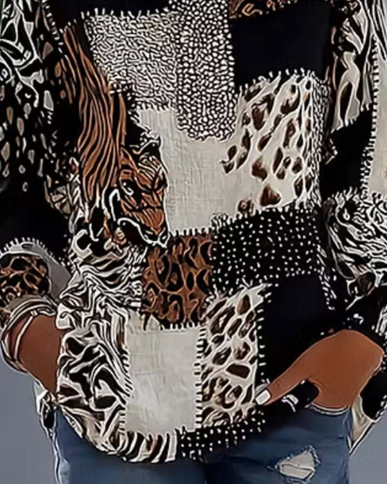 Bluse Mandarin Krave Leopard Patchwork