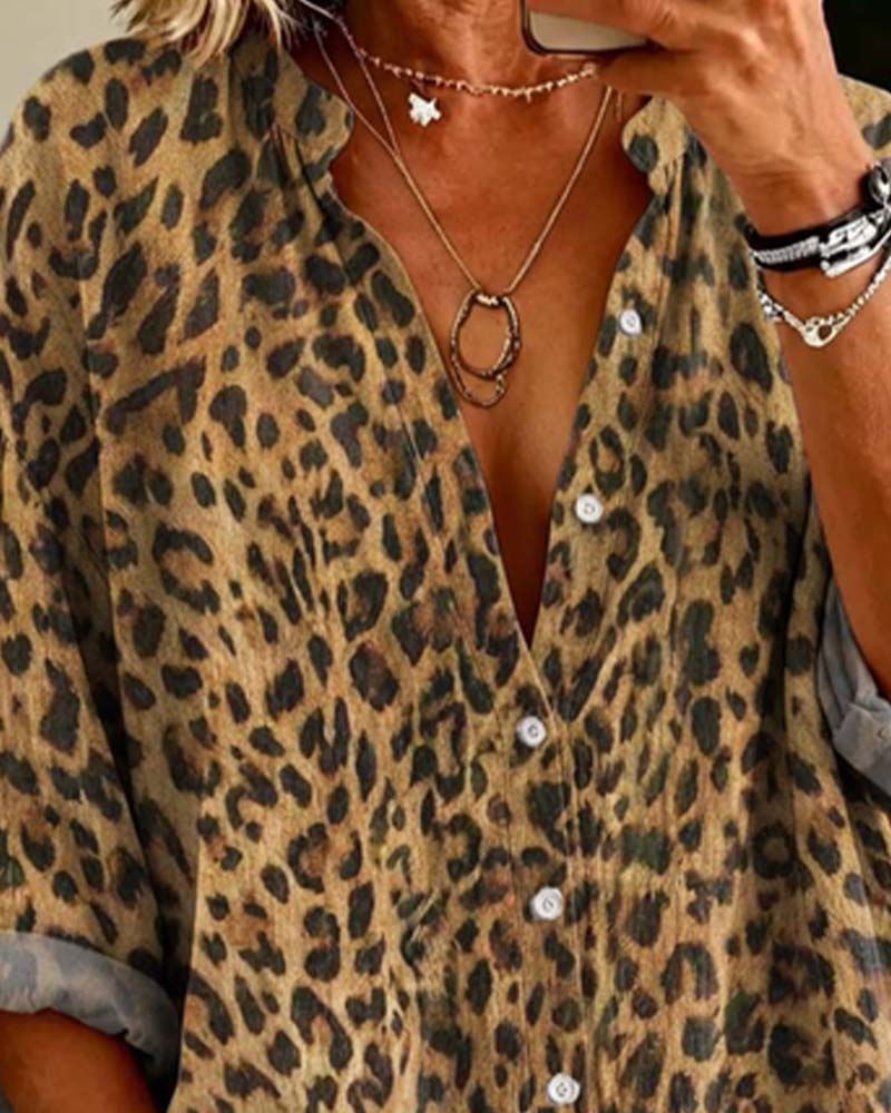 Skjorte V-Hals Knapp Leopard Lang Erme