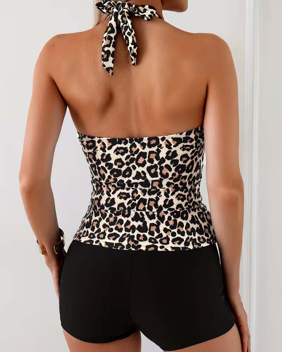Tankini Halsringning V-Hals Leopardsmønster