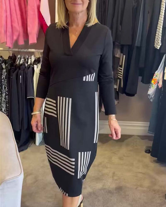 Kjole Geometrisk Stripe V-Hals Bodycon Midi
