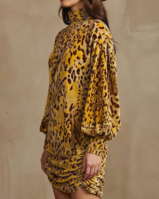 Kjole Høy Hals Leopard Lanterne Erme Elegant