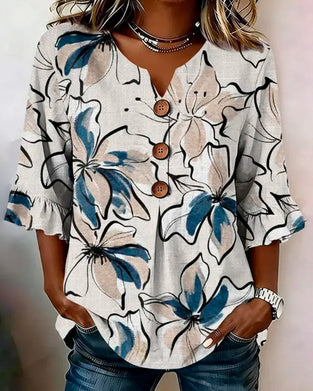Bluse V-Utringning Blomstret Rysje 3/4-Erm