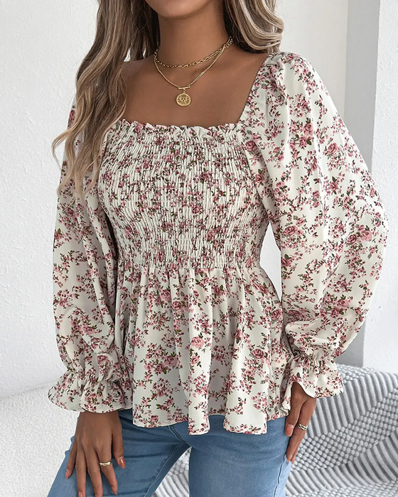 Bluse Firkantet Hals Rynket Blomstret Ruffle