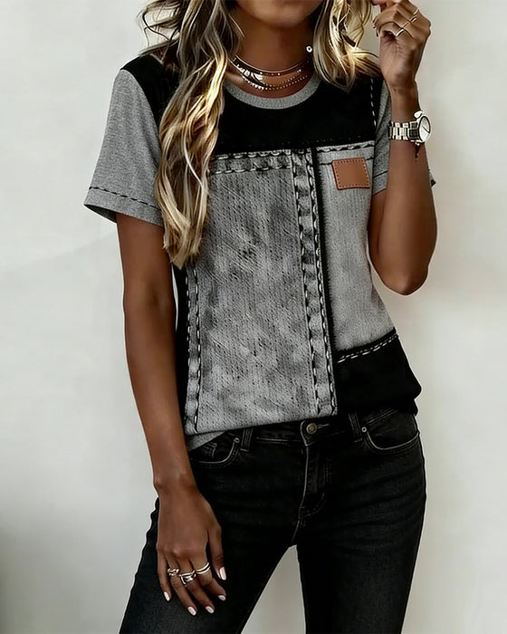 T-Skjorte Fargeblokkpanel Rund Hals Kortærme