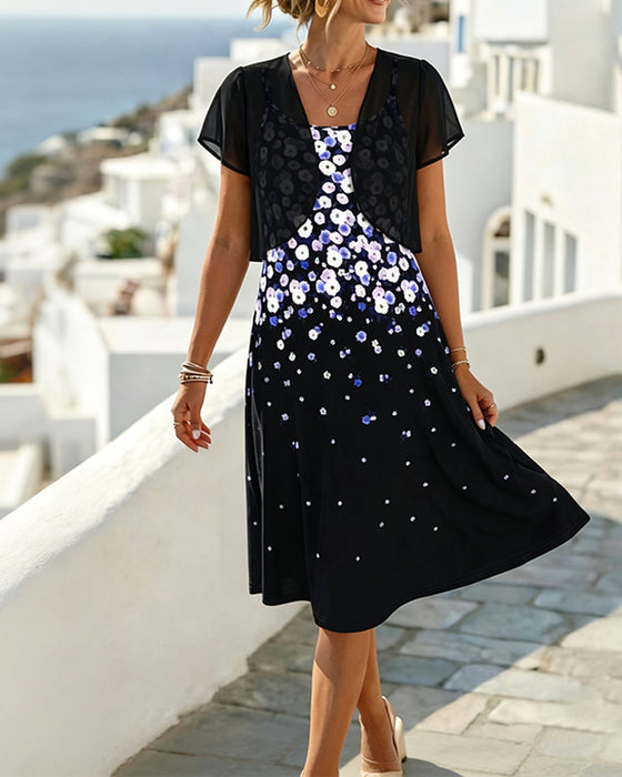 Sett Gradient Blomstret Kjole + Mesh Sjal