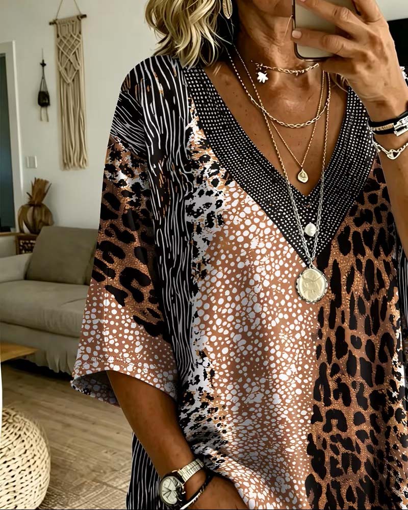 Topp V-Hals Leopard Prikk Fargeblokk