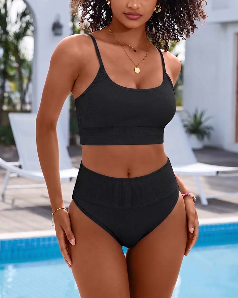 Bikini Solid U Hals Høy Midje