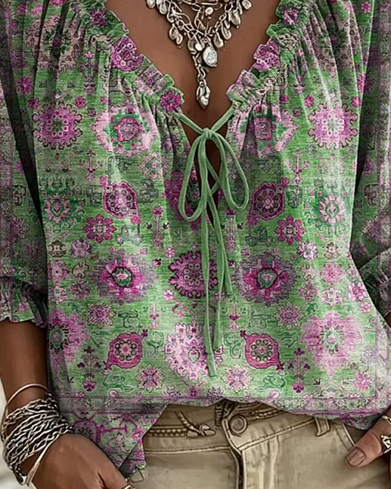 Bluse V-Hals Knyting Vintage Trykk