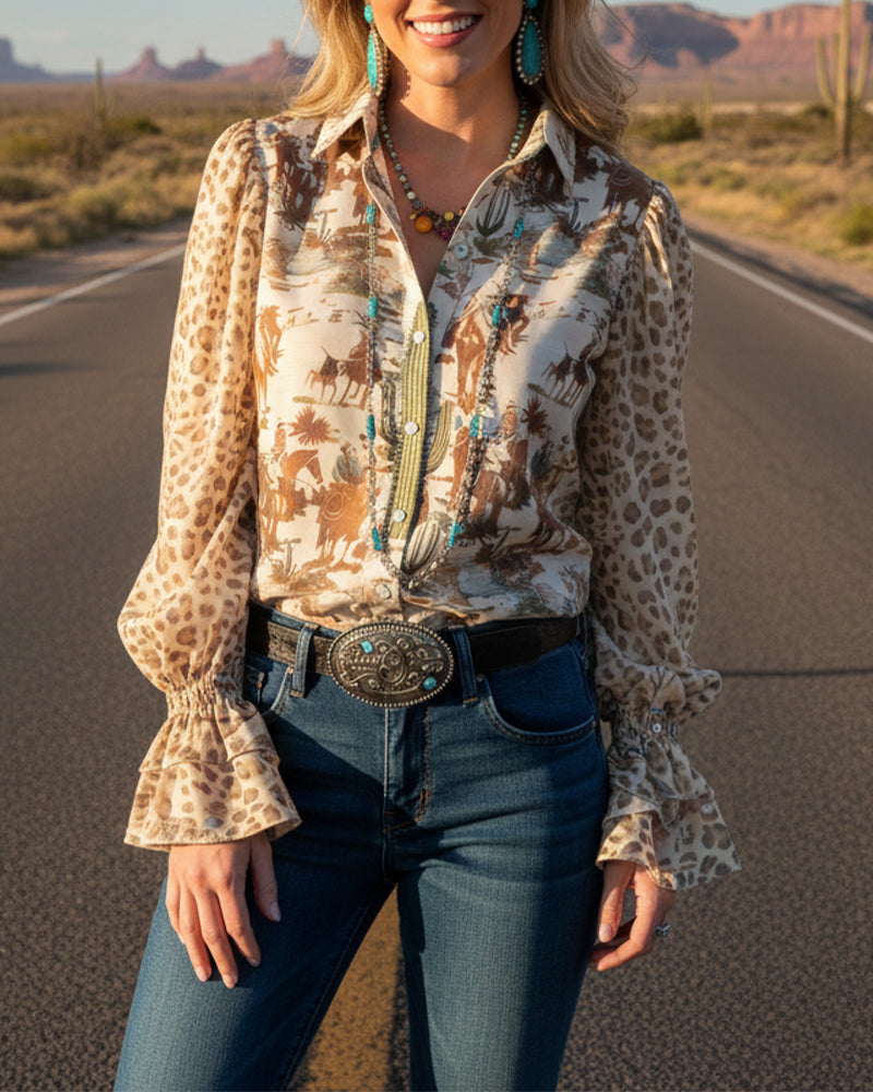 Skjorte Krage Vintage Trykk Puf Erm