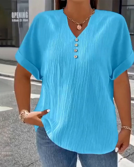 100% Bomull T-Skjorte V-Hals Løs Teksturert