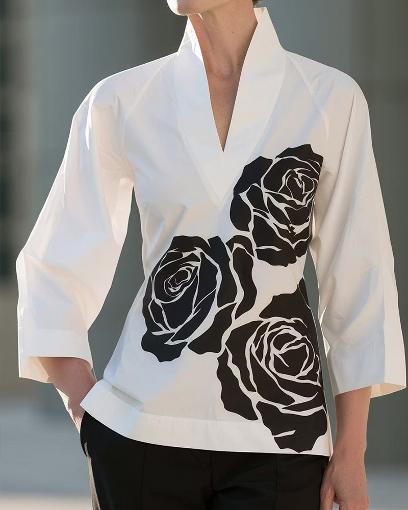 Bluse V-Hals Blomstret Trykk