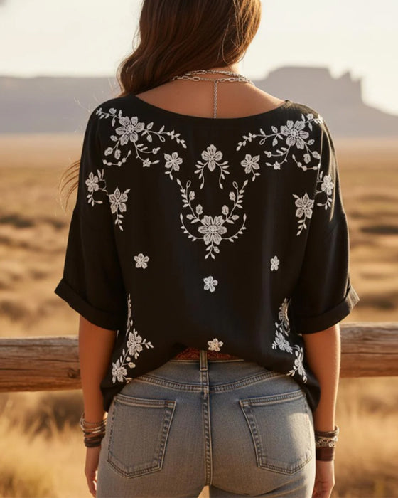 Bluse Rund Hals Drop Skulder Løs Blomstret