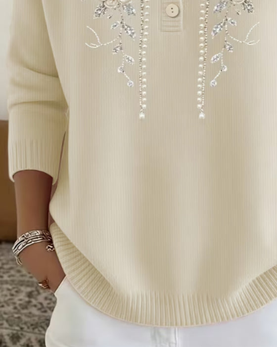 Sweatshirt Rund Hals Knappelukking Blomstret Langermet