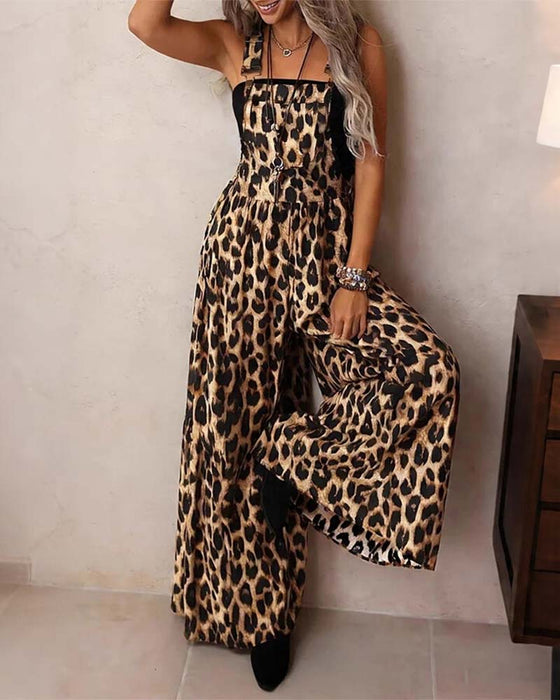 Jumpsuit Leopard Høy Midje Bred Ben Seler