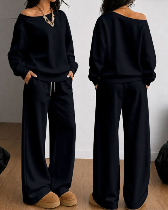 Sett En Skulder Casual Sweatshirt Lange Bukser