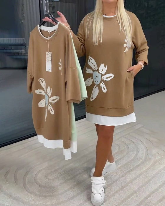Sweatshirtkjole Rund Hals Trykt Lappeteknikk