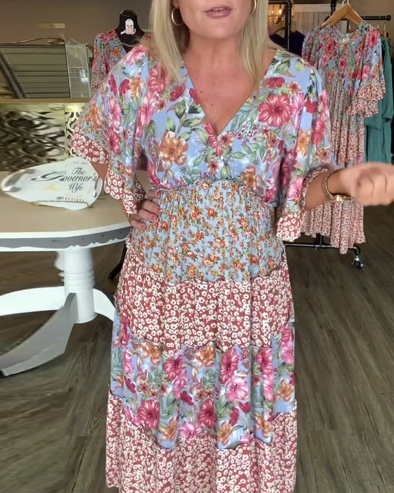 Kjole V-Utringning Lotusserm Blomstret