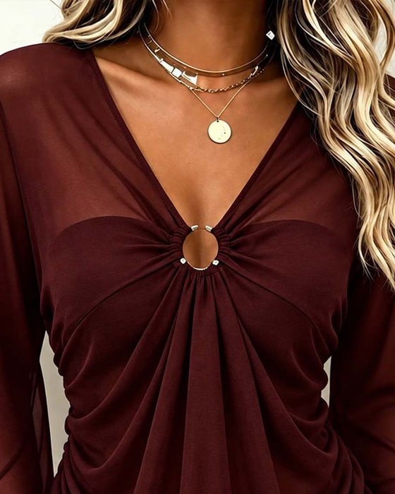 Bluse V-Hals Metall Ring Twist