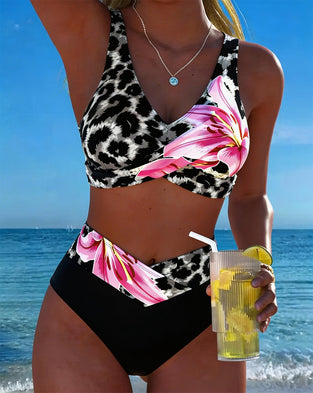 Bikini Leopard Trykk Blomstret Kontrastfarge