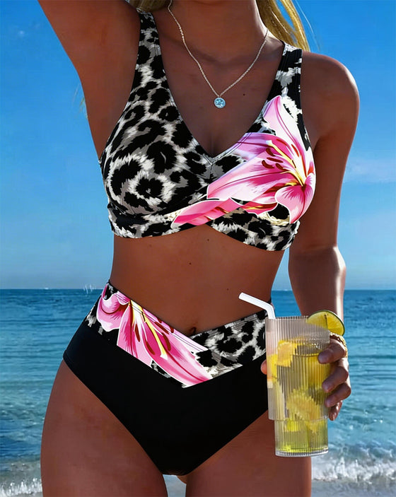 Bikini Leopard Trykk Blomstret Kontrastfarge