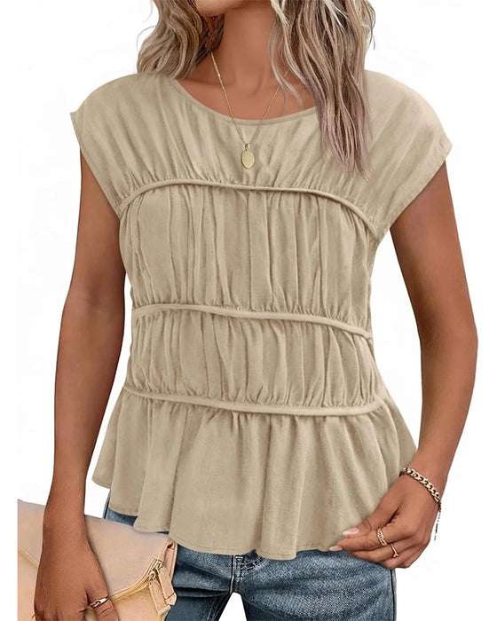 Bluse Rund Hals Rynket Midje