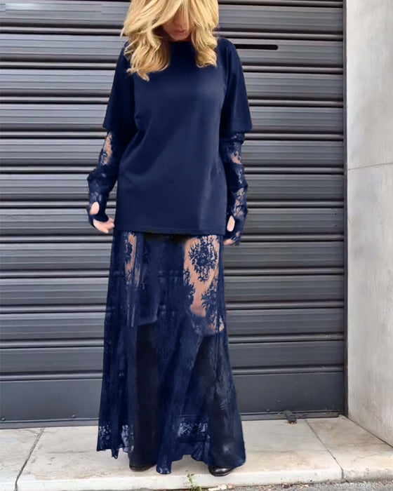 Todelt sett - ensfarget T-skjorte og blondeskjørt