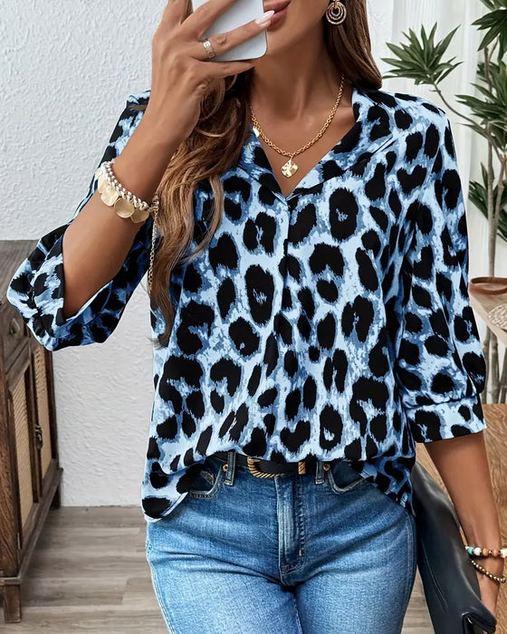 Bluse Halvlange Ermer Leopardprint Løs