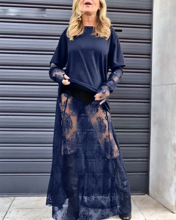 Todelt sett - ensfarget T-skjorte og blondeskjørt