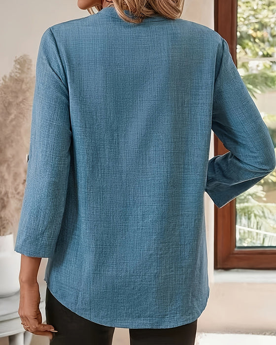 Bluse V-Hals Ensfarget Langermet Lomme
