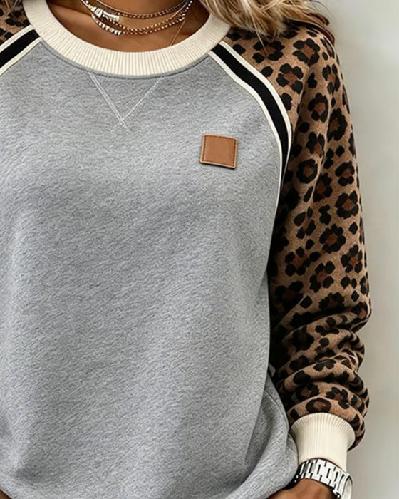 Sweatshirt Leopard Fargeblokk Rundhalset