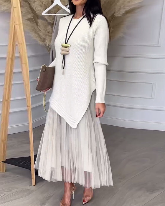 To-Delt Sett Med Genser Og Skjørt I Rund Hals Og Uregelmessig Design