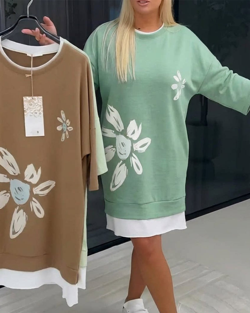 Sweatshirtkjole Rund Hals Trykt Lappeteknikk