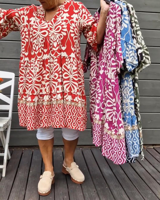 V-hals løs trykket bluse