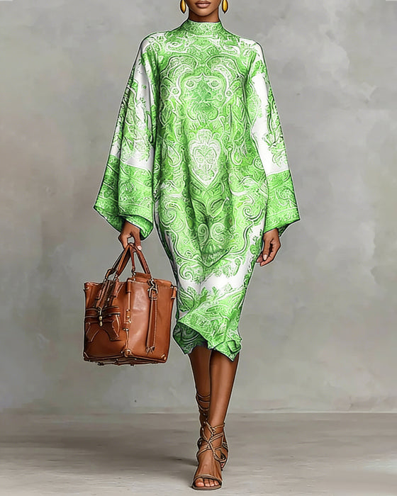 Høyhalset Kjole Med Vintagemønster