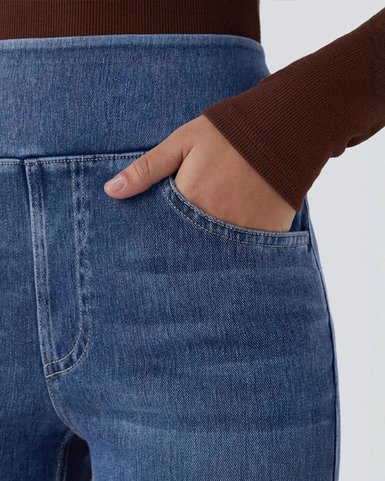 Bukser Høy Midje Denim Lomme Vide Bena