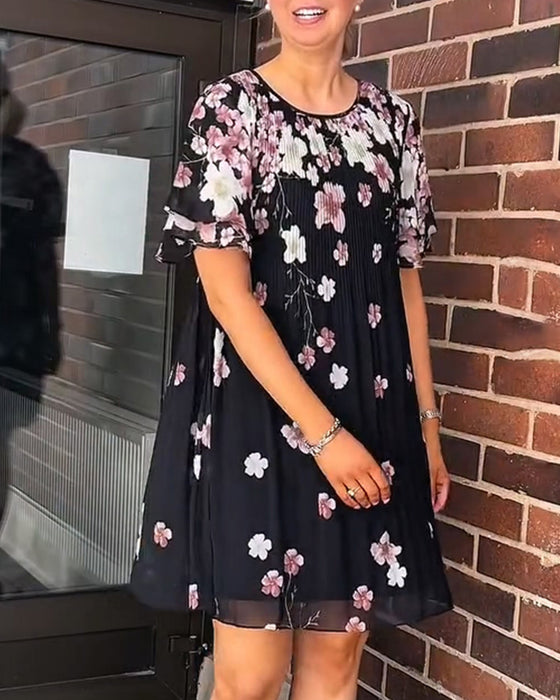 Kjole Ruffle Kortermet Blomstrende Plissert