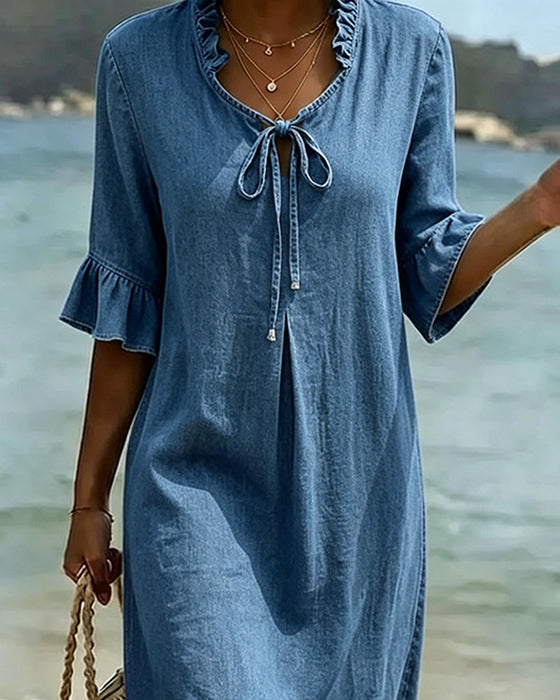 Kjole Rysje Knytte Midje Denim