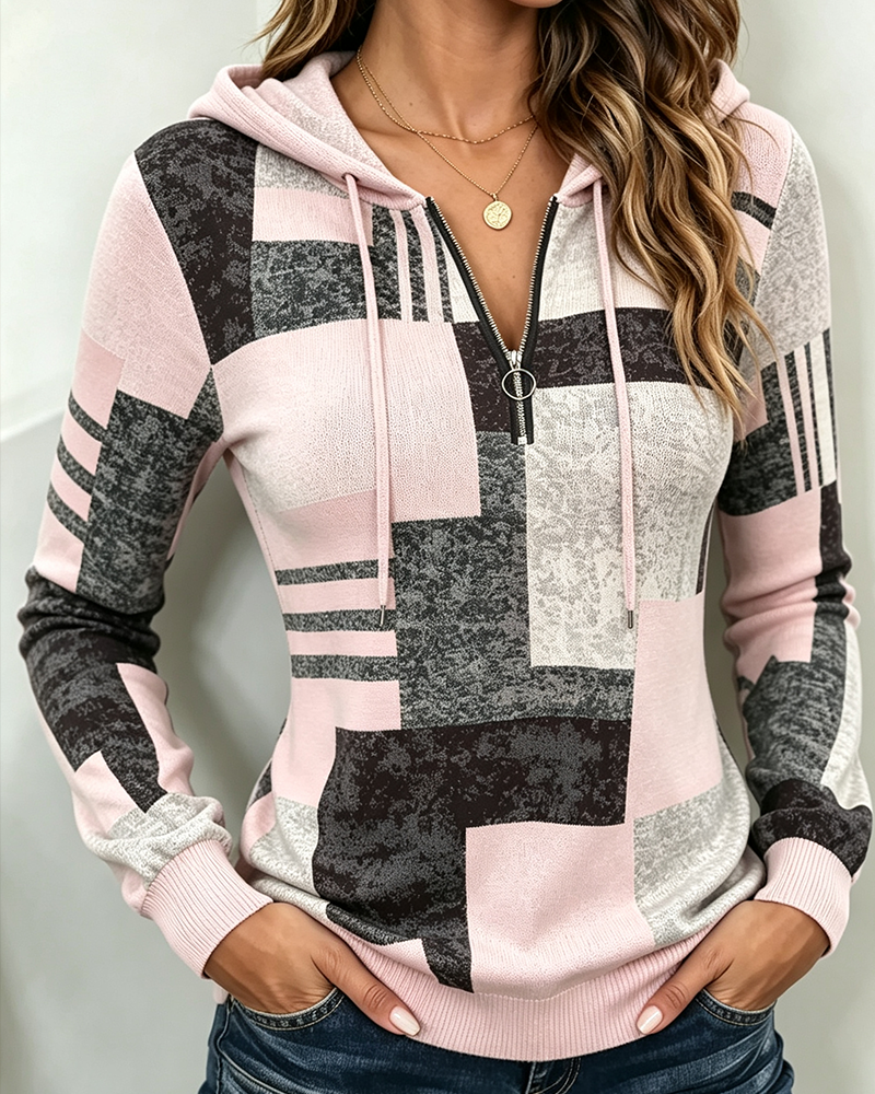 Hettegenser Halv-Zip Casual Kontrast Rutemønster