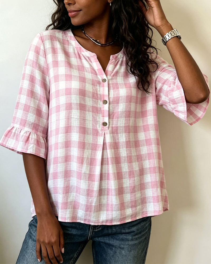 Bluse V-Hals Knapp Foran Rutete Ruffle